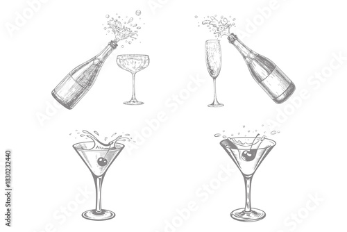 Whiskey bottles and glass with splash drinks vector illustration. Scotch, brandy or liquor alcohol drinks. Bar menu design elements. Eps 10