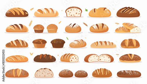 Freshly Baked Bread Assortment: Delightful variety of artisan loaves and sweet muffins, perfect for bakery menus, food blogs, and culinary designs