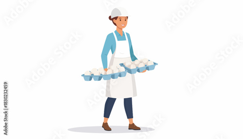 Smiling worker carefully carries two trays of fresh eggs at a poultry farm, promoting healthy food production and cheerful agricultural work, originally a vector graphic