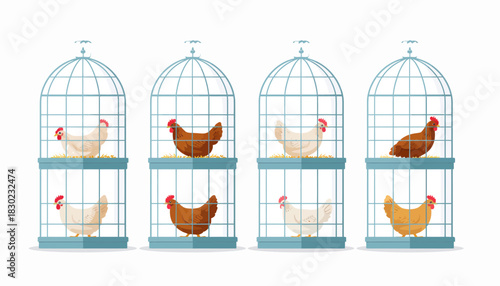 Captive chickens in cages represent freedom, limited choices, or animal welfare concepts, originally designed as a scalable vector graphic