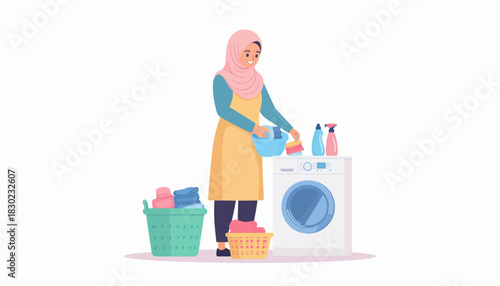 Modern Muslim woman happily doing laundry at home, enjoying domestic chores, vector style illustration showing domestic bliss and household tasks in a modern setting
