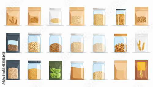 Assortment of grains, seeds, and legumes in jars and pouches for a healthy lifestyle, offering diverse options for cooking and nutrition planning