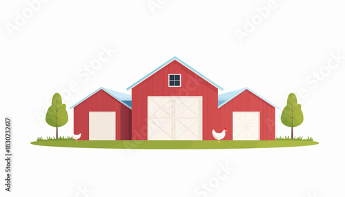 Charming red barn illustration with chickens and trees, perfect for farm themes, country living designs, or children's book illustrations showcasing rural life
