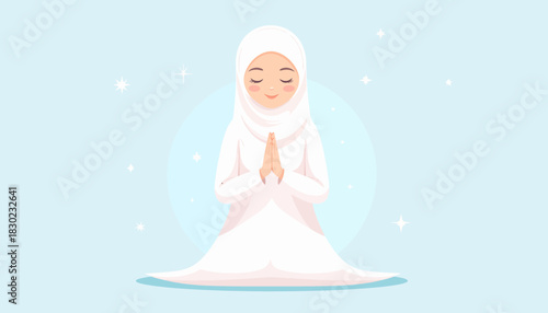 Beautiful Muslim woman in white hijab praying with peaceful expression, radiating serenity and faith, perfect for spiritual and cultural themes, originally a vector