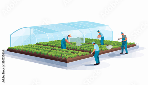 Hardworking farmers cultivating fresh produce in a modern greenhouse, ensuring a bountiful harvest for local markets, healthy food production, sustainable agriculture
