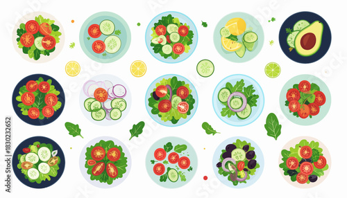 Fresh and Vibrant Salad Bowls: A Colorful Medley of Healthy Eating Choices for Wellness and Delicious Meals, Originally a Scalable Vector Graphic
