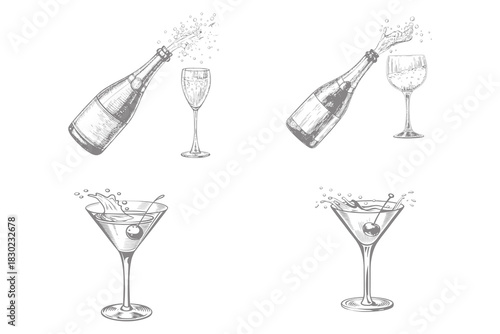 exploding champagne bottle and glasses with splash drinks. grunge alcohol engraving vector set vector illustration. Wine pouring from bottle into glass, sketch.