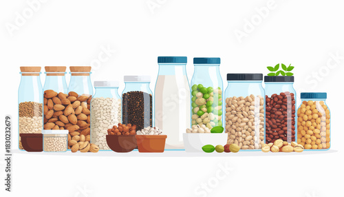 Nuts and Seeds Collection in Jars: Perfect for Healthy Eating, Vegan Lifestyle, and Wholesome Recipes, Originally a Scalable Vector Graphic
