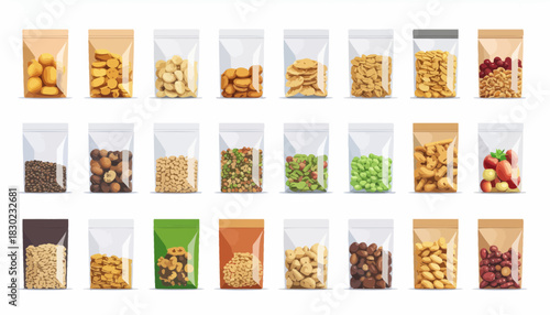 Variety of nuts, seeds, and dried fruits in clear packaging, perfect for healthy snacks, trail mix ingredients, or grab and go options for consumers