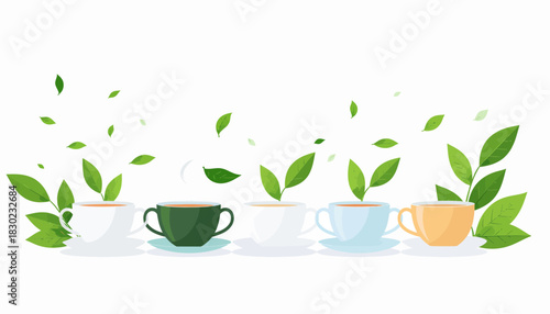 Enjoy a Refreshing Herbal Tea Break: Vibrant Teacups with Fresh Greenery - Perfect for Wellness, Relaxation, and a Natural Lifestyle Focus