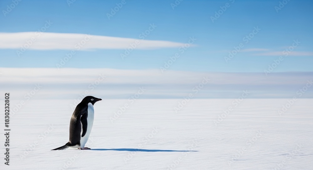 Fototapeta premium A lone Adelie penguin stands on a snow-covered landscape with a clear blue sky in the background.