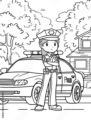 Female police officer standing next to her car coloring page