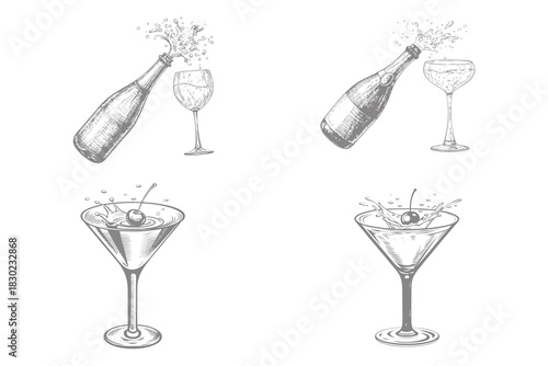 alcohol drinks glass with splash drinks vector illustration. vintage style Holiday design elements. Eps 10