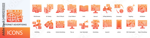 Internet Advertising icon collection set. Containing Web Browser, Ab Testing, Word Of Mouth, Cross Platform, book, discount icon