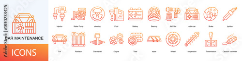 Car Maintenance icon collection set. Containing Injector, Water Pump, steering, Fluid, Battery, Bearing icon