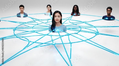 Diverse individuals connected by a network of lines, symbolizing communication, collaboration, and the interconnectedness of people in a digital age
