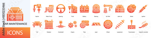 Car Maintenance icon collection set. Containing Injector, Water Pump, steering, Fluid, Battery, Bearing icon