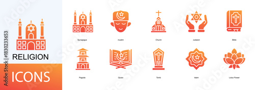 Religion icon collection set. Containing Synagogue, muslim, Church, Judaism, Bible icon