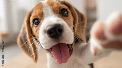 Beagle puppy dog closeup tongue out paw playful happy cute joy