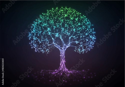 A glowing, digital representation of a tree with interconnected points of light against a dark background.