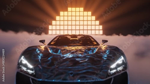 A futuristic car concept design with a digital pixelated light, symbolizing technological advancement and modern automotive innovation