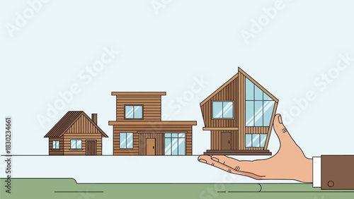Digital illustration of a human hand presenting a large modern wooden house, with smaller houses in the background.
