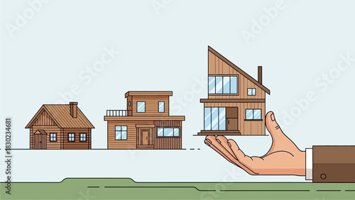 A human hand holding a modern house, with two smaller houses in the background, illustrating real estate options and property selection.