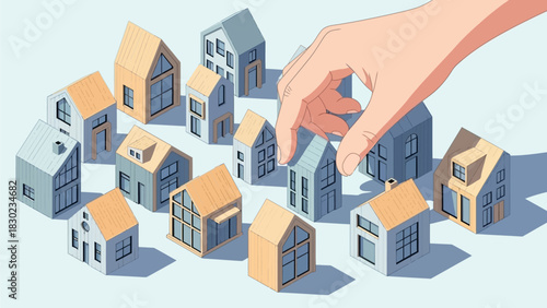 A human hand selects one small, minimalist house model from a diverse collection of miniature buildings, representing choice and real estate.
