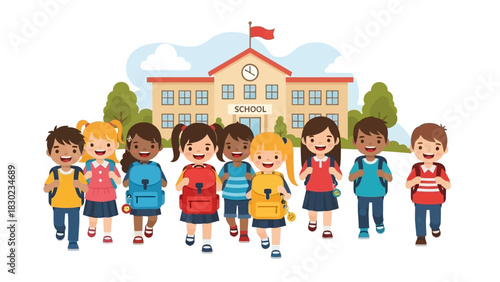 A group of happy diverse school children with backpacks running towards a school building.