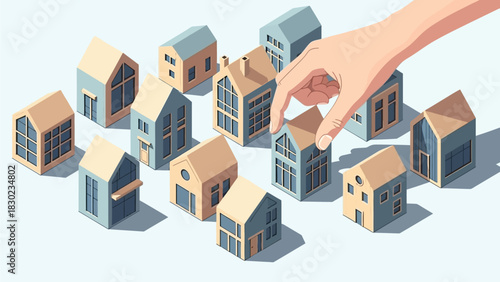 A human hand choosing one small, stylized house from a collection of many miniature buildings, representing real estate selection.