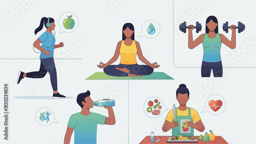 An illustration showing diverse people practicing various healthy lifestyle habits including running, meditation, weightlifting, hydration, and preparing nutritious food.