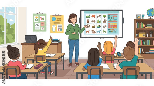 A female teacher stands in front of a large screen showing various animals, while students sit at desks and raise their hands in a bright classroom.