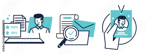 Illustrations depicting recruitment process employee onboarding and identity verification.