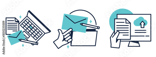 Illustrations of business processes including email file management and data upload.