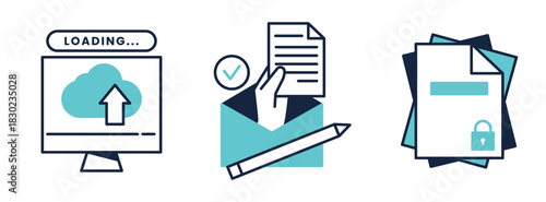 Data security and transfer illustration with cloud upload email and document protection.