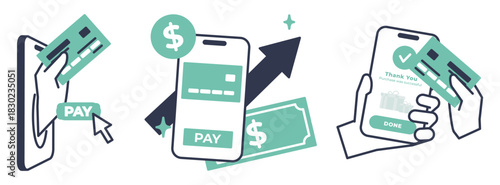 Illustrations depicting mobile payments and financial growth.
