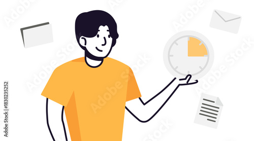 Person managing time effectively with clock and documents around.