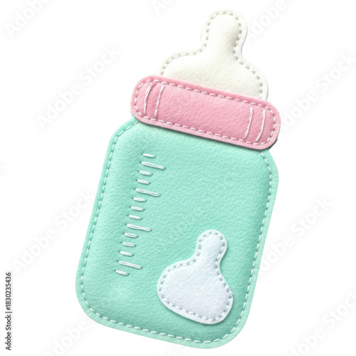 Cute felt baby bottle illustration in mint green and pink colors on transparent background