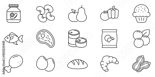 Line Art Icons Collection of Various Food Products and Grocery Items. Essential Elements for Healthy Eating, Cooking, and Nutrition
