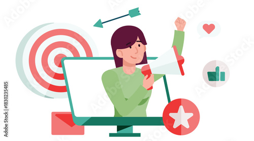 Digital Marketing Strategy: Woman with Megaphone Targeting Online Audience.
