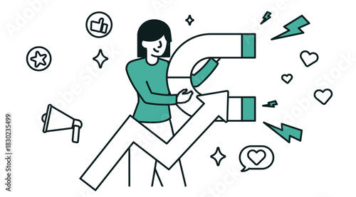 Illustration of a woman using a magnet to attract social media engagement.