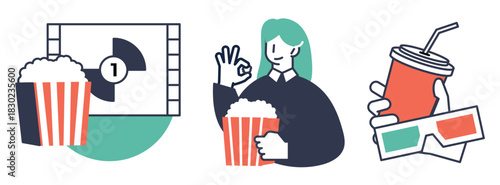 Movie night essentials: popcorn drink 3D glasses and a film reel.