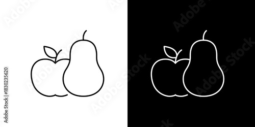Simple line art icon illustration of an apple and a pear side by side on white and black backgrounds