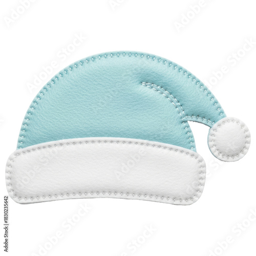 Light blue felt santa hat or sleeping cap with white trim and pom pom on transparent background