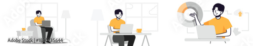 Illustrations of a man working on a laptop showcasing productivity and technology.