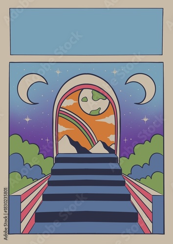 Psychedelic trippy poster frame vintage retro illustration