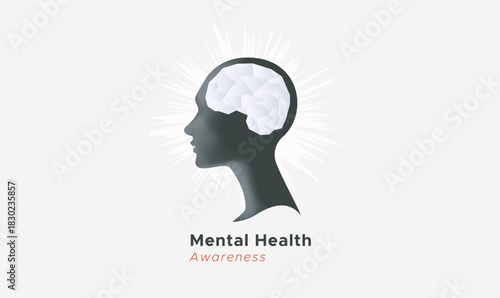 Minimalist Mental Health Awareness vector featuring a human head profile silhouette with an illuminated brain. Symbolizes clarity, focus, healing, and inner peace. Ideal for wellness campaigns. Health