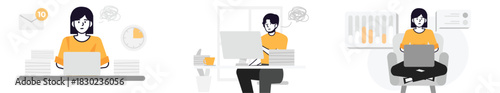 Illustrations of a woman working on a laptop in different positions.
