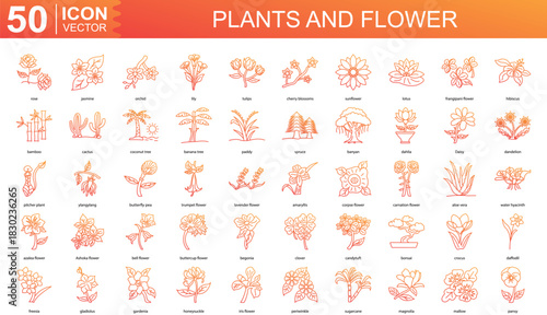 plants and flower icon collection set. Containing rose, jasmine, orchid, lily, tulips, cherry blossoms, sunflower, lotus icon