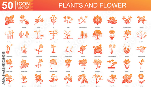 plants and flower icon collection set. Containing rose, jasmine, orchid, lily, tulips, cherry blossoms, sunflower, lotus icon